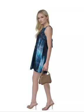 NWT DKNY Blue Linen Blend Sleeveless Shift Dress Sz 16 Cowl Neck Back Bow $139
